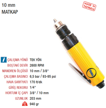 YAMA ET-4038 Havalı Matkap 10 mm Düz Tip Sağa Tek Yön