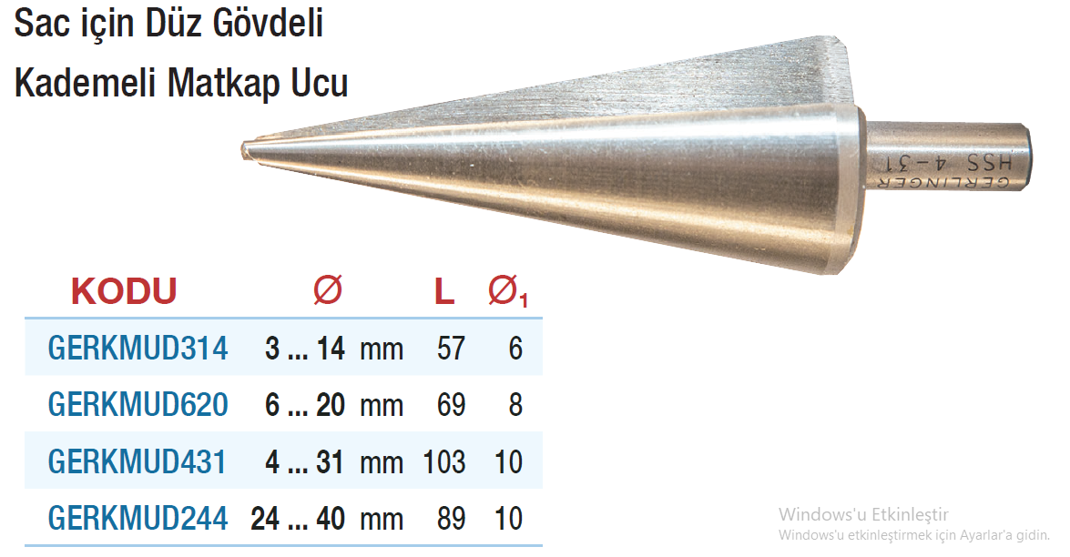 GERLİNGER Sac İçin Düz Gövdeli Kademeli Matkap Ucu