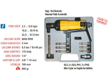 YAMA AT-4060AK Havalı Tornavida Seti 5 mm Düz Tip 8000 Devir