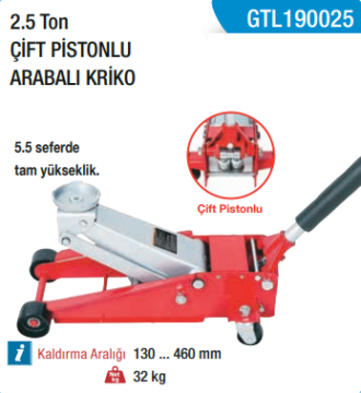 GARTOOL 2.5 TON Çift Pistonlu Arabalı Zemin Krikosu Kriko