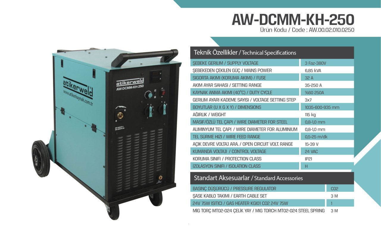 ATİKER AW-DCMM-KH-250 MIG/MAG Gazaltı Kaynak Makinası - Hava Soğutmalı - 250 Amper