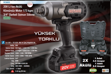 ROTAKE RC8805 Akülü 3/4-173 kgm 20 Volt Lion Kömürsüz Motor Darbeli Somun Sökme Sıkma Makinesi Tabancası