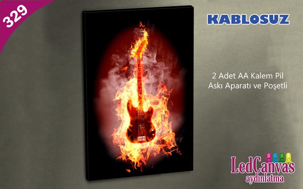 Ateşli Gitar Led Işıklı Kanvas  Tablo