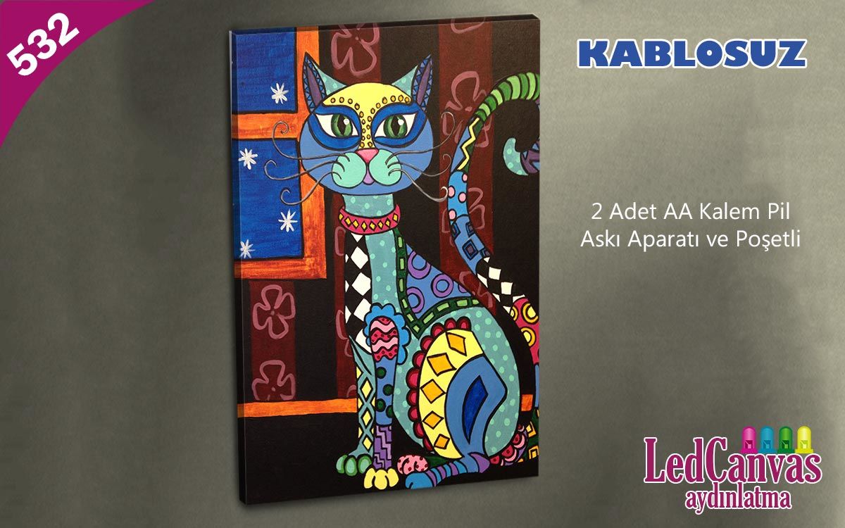 Yağlı Boya Renkli Kedi Led Işıklı Kanvas  Tablo