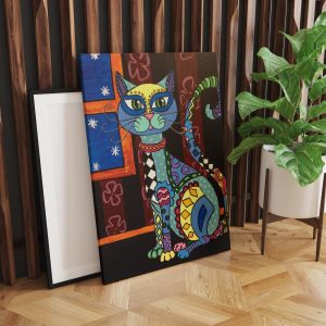Yağlı Boya Renkli Kedi Led Işıklı Kanvas  Tablo