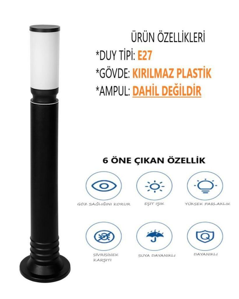 ZİTA Bahçe Aydınlatma Kule Armatür 80 cm. Siyah Uzun Siyah IP54