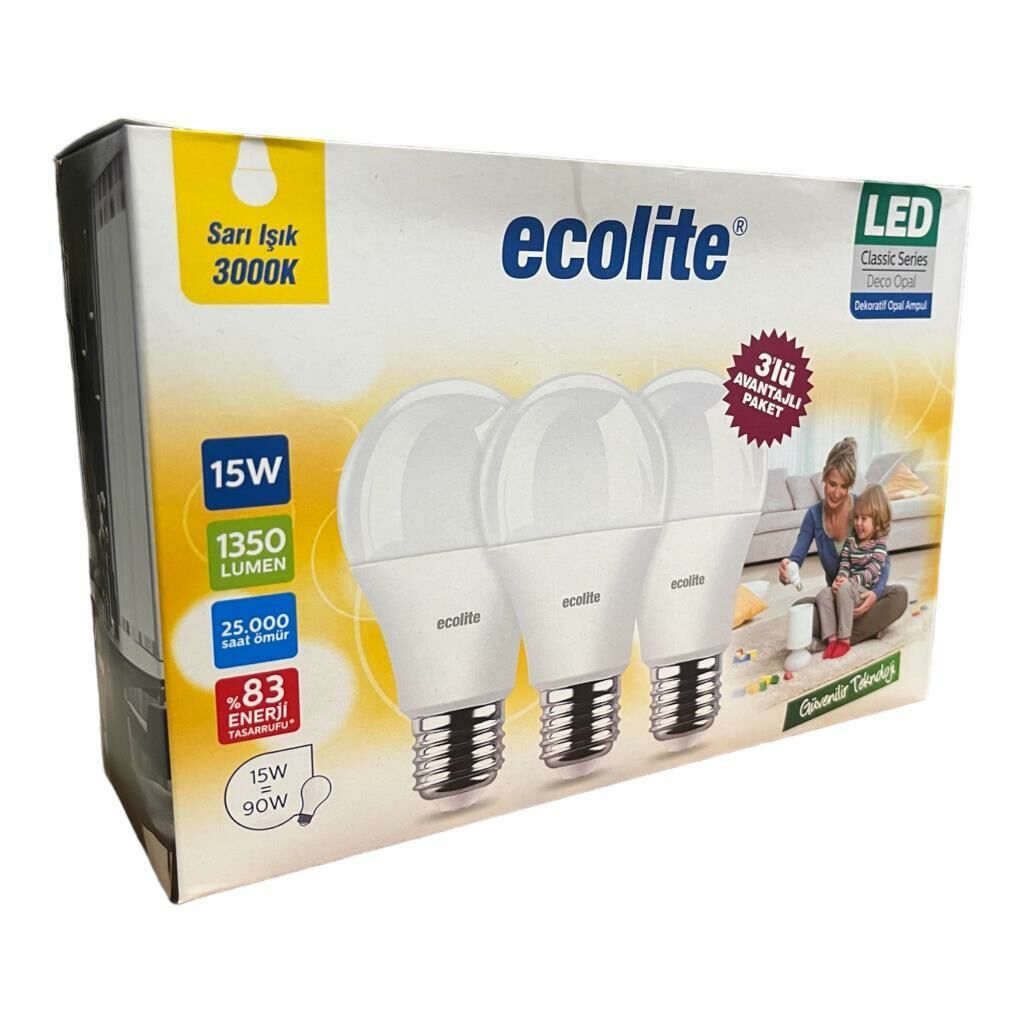 Ecolite 15 Watt (90 W) 3000k Sarı Işık Led Ampul 3'lü Paket