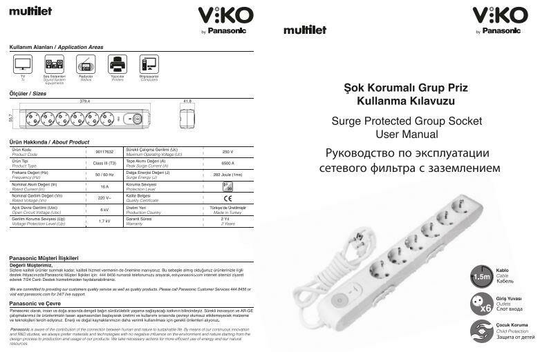 Viko Multilet Şok Korumalı / Akım Korumalı Grup Priz 6’lı 1,5 Metre Kablolu
