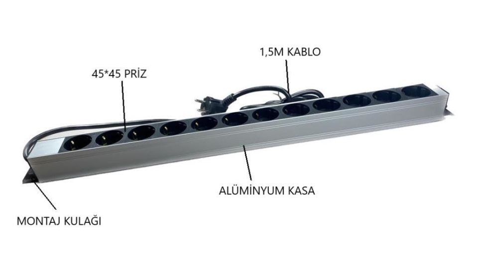 NE-AD 12'li 1,5 Metre Kablolu Grup Priz Aluminyum Gövde 16A 250V 4000W