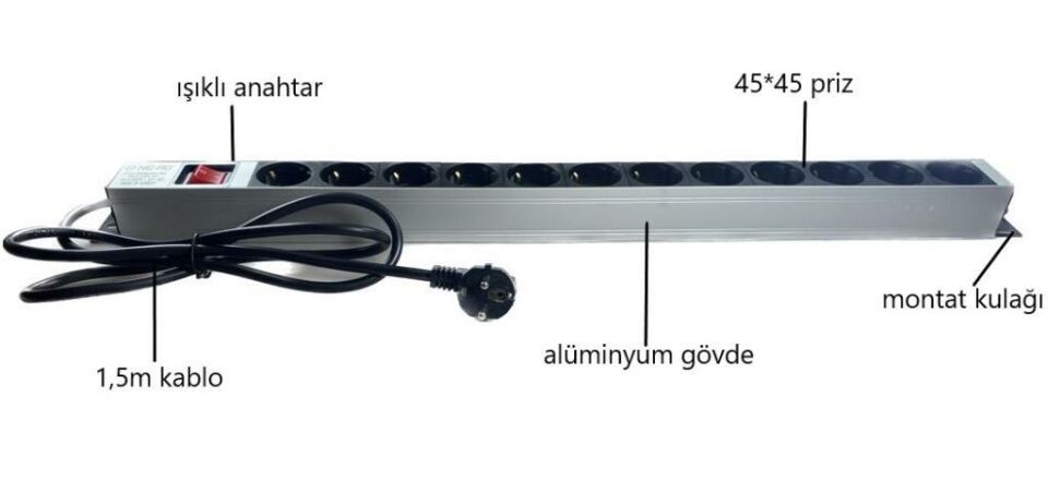 NE-AD 12'li 1,5 Metre Kablolu Anahtarlı Grup Priz Aluminyum Gövde 16A 250V 4000W