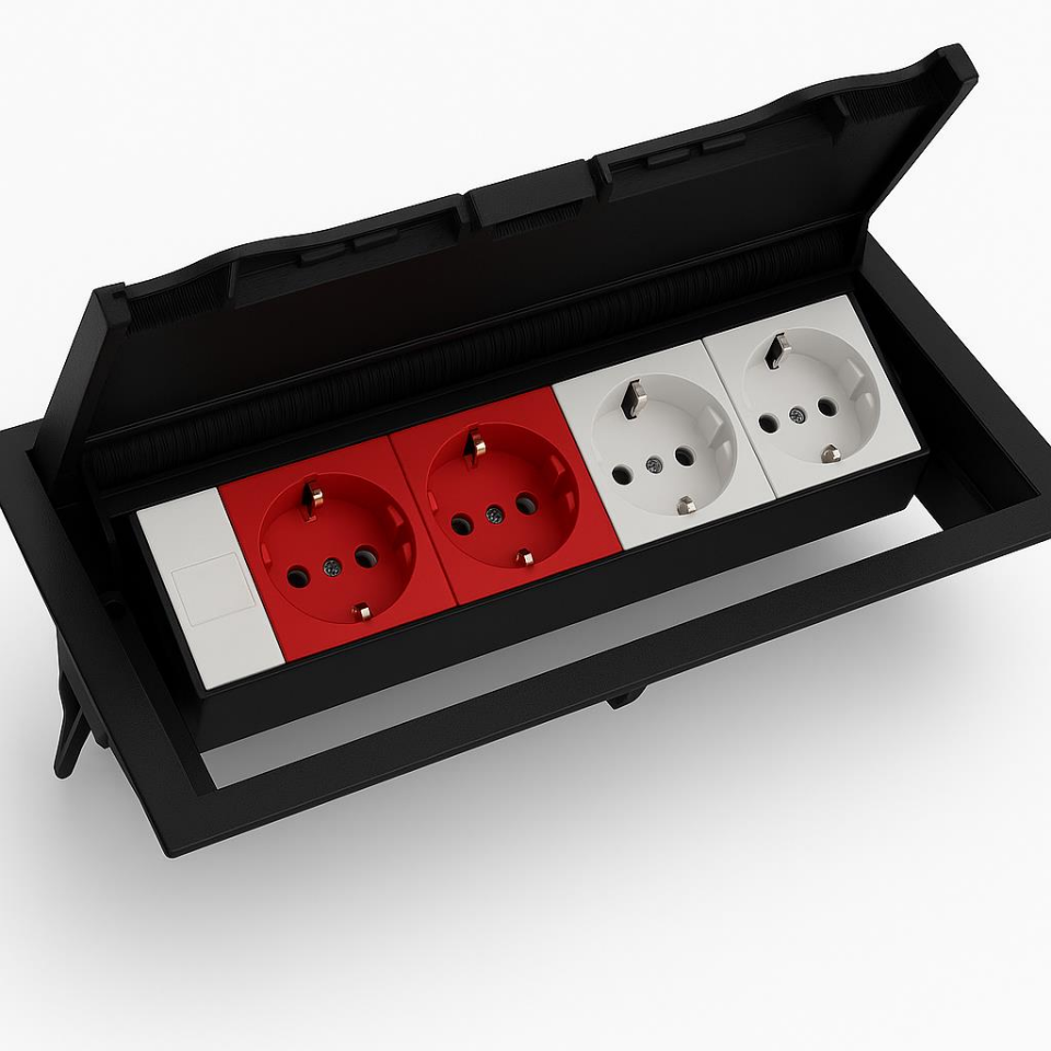 Siyah ABS Masa Üstü Kapaklı Priz Kutusu – 2 UPS + 2 Şebeke + 1 Data Modülü – Gömme Tip Toplantı Masası Priz Ünitesi