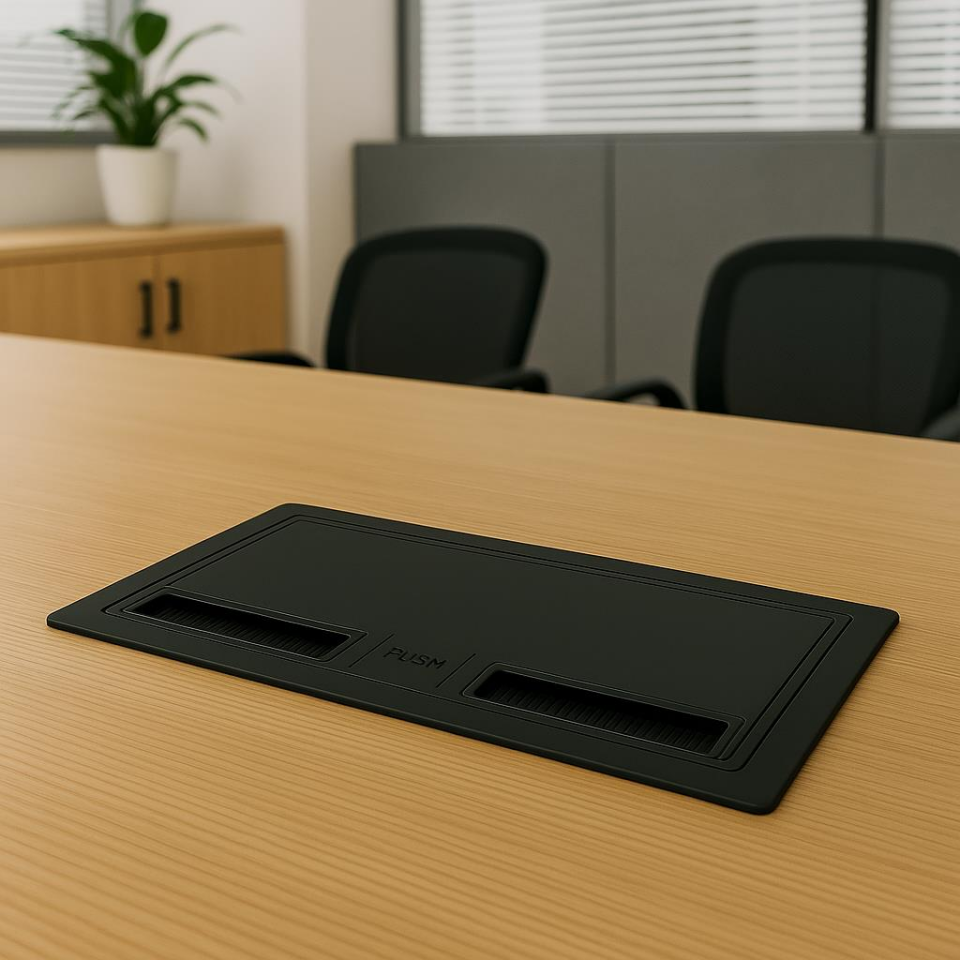 Siyah ABS Masa Üstü Kapaklı Priz Kutusu – 2 UPS + 2 Şebeke + 1 Data Modülü – Gömme Tip Toplantı Masası Priz Ünitesi