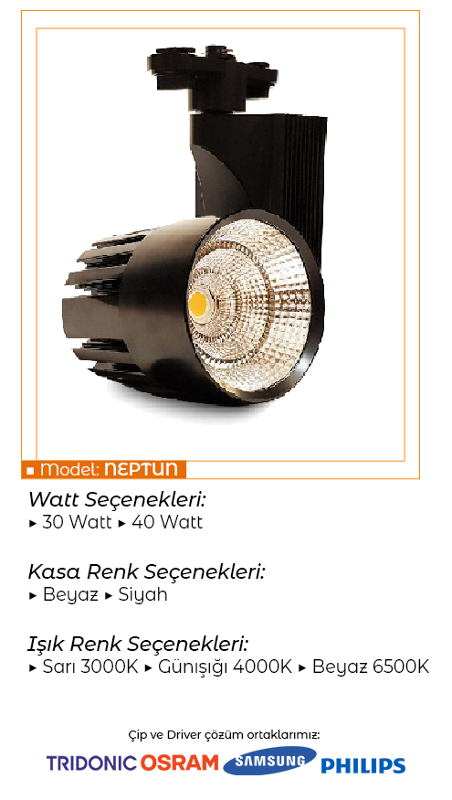 Ledli Ray Spot Siyah Kasa 40 Watt Günışığı 3000K