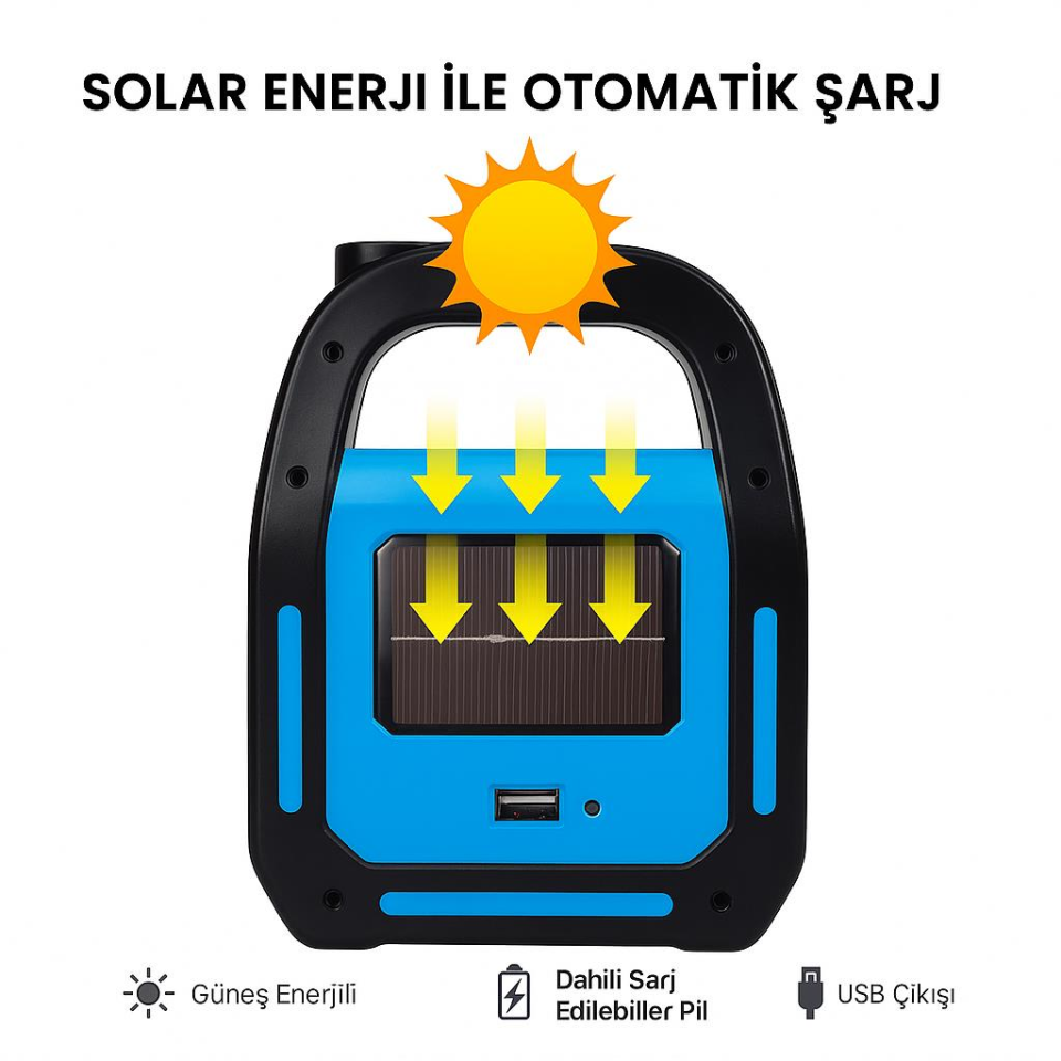 NOAS Bitez 3W 300 Lümen Güneş Enerjili ve USB Şarjlı LED Fener – 3 Modlu Taşınabilir Işıldak