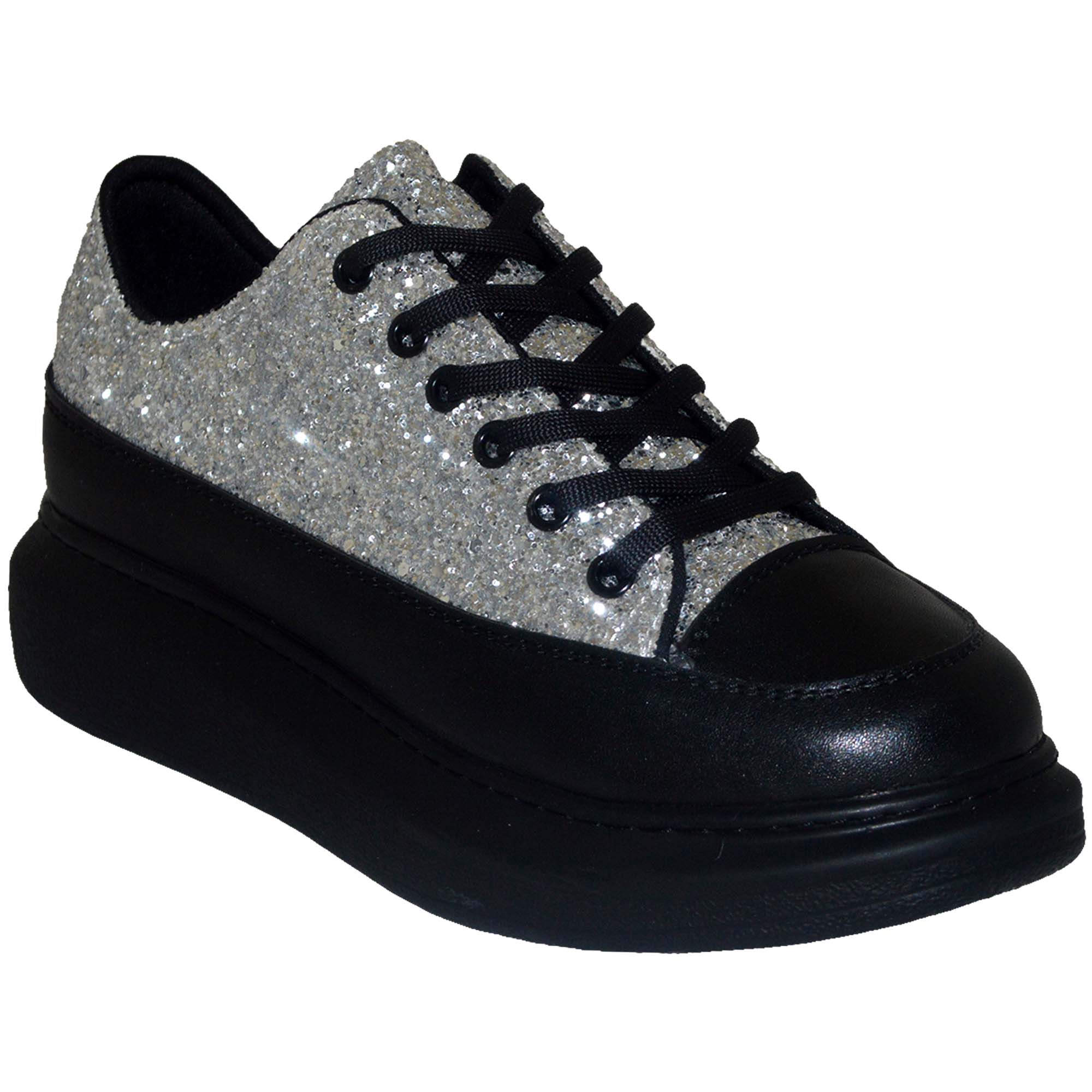 Spor Model Kadın Ayakkabı - Siyah/Gümüş Taşlı