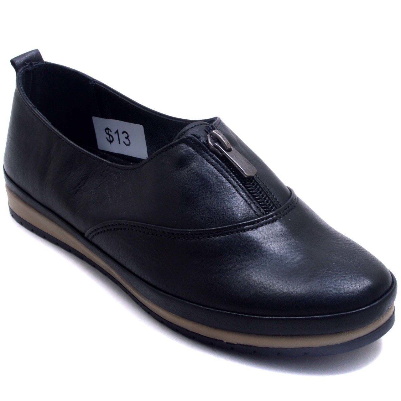 82 Düz Fermuarlı Kadın Günlük Ayakkabı - Siyah (Deri)