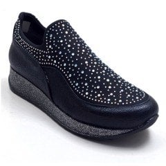 428-GUD Taşlı Bağcıksız Spor Model Kadın Ayakkabı - Siyah