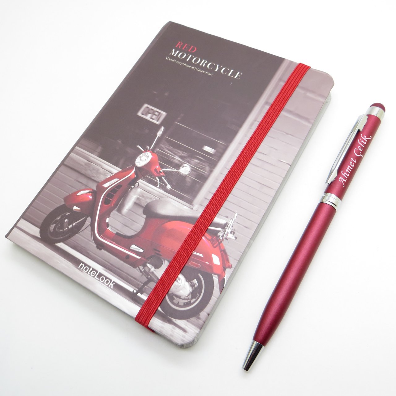 Scrikss Notelook Kırmızı Motosiklet Defter + İsme Özel Kalem | İsme Özel Hediyelik Set