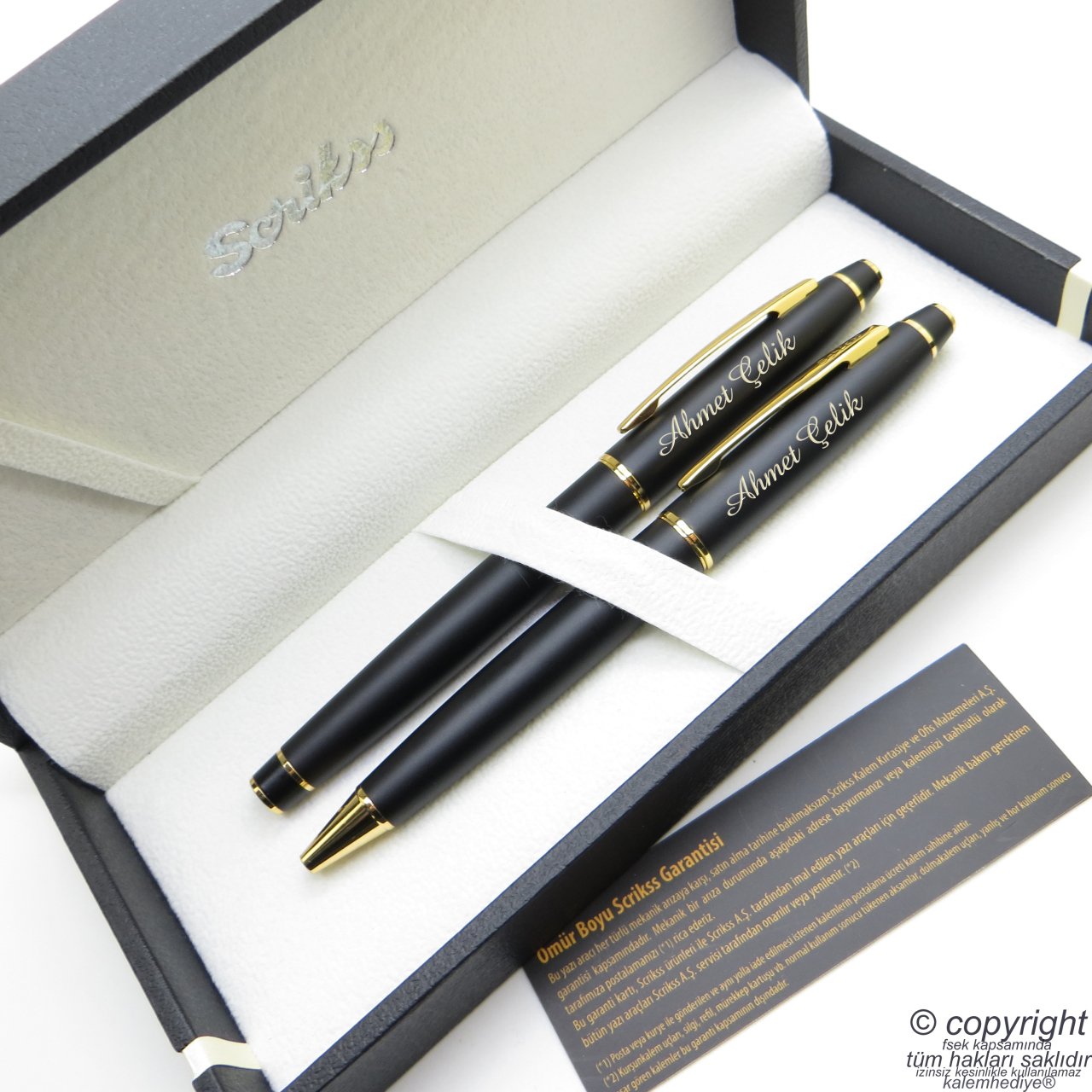 Scrikss 35 Mat Siyah Altın Roller Kalem + Tükenmez Kalem Seti | İsme Özel Kalem Takımı