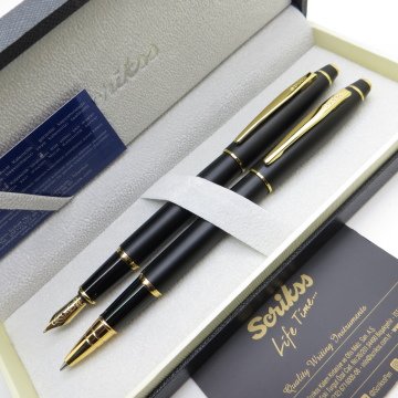 Scrikss 35 Siyah Altın Dolma Kalem + Roller Kalem Seti | Scrikss Noble | İsme Özel Kalem | Hediye Kalem
