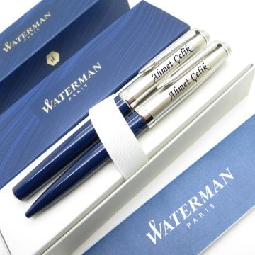Waterman Embleme Mavi Dolma Kalem + Tükenmez Kalem Set | İsme Özel Kalem | Hediye Kalem