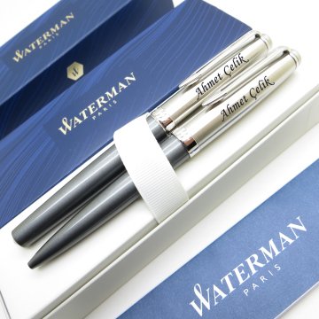 Waterman Embleme Deluxe Gri Roller Kalem + Tükenmez Kalem Set | İsme Özel Kalem | Hediye Kalem