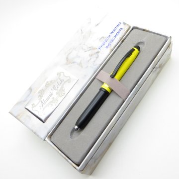 Wings Marble T450 Mat Siyah Sarı Krom Işıklı Touch Tükenmez Kalem | İsme Özel Kalem | Hediyelik Kalem