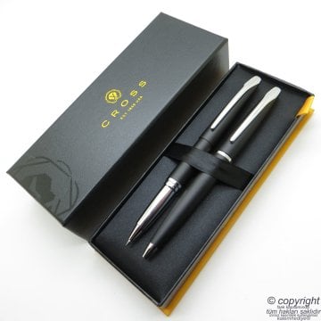 Cross ATX 888-3 Bazalt Siyah Roller Kalem + Tükenmez Kalem Set | İsme Özel Kalem Seti