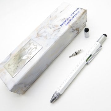 Wings Marble T468 Beyaz Construction Mühendis Kalemi - Su Terazisi + Cetvel + Tornavida + Touch Pen | İsme Özel Kalem | Hediyelik Kalem