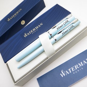Waterman Allure Pastel Mavi Dolma Kalem + Tükenmez Kalem Set | İsme Özel Kalem | Hediye Kalem