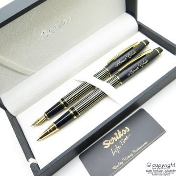 Scrikss Special İsme Özel Mat Siyah Altın Çizgili Dolma Kalem + Roller Kalem Set