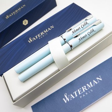Waterman Allure Pastel Mavi Dolma Kalem + Roller Kalem Set | İsme Özel Kalem | Hediye Kalem