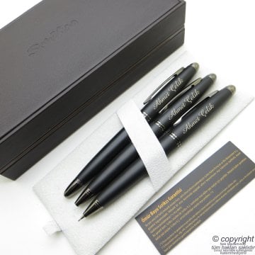 Scrikss 88 3'lü Set Mat Siyah Deri Ahşap Kutulu | Dolma Kalem + Versatil Kalem + Tükenmez Kalem Set | Scrikss Noble | İsme Özel Kalem | Hediyelik Kalem