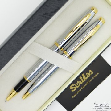 Scrikss 39 Gold Krom Roller Kalem + Tükenmez Kalem Seti | Scrikss Oscar | İsme Özel Kalem | Hediye Kalem