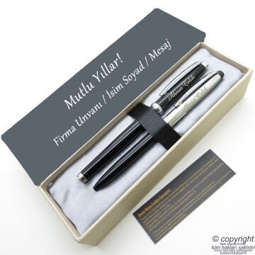 Scrikss İsme Özel Kalem Seti - Siyah Krom Roller Kalem + Tükenmez Set