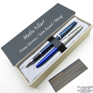 Scrikss İsme Özel Kalem Seti - Mavi Krom Roller Kalem + Tükenmez Set