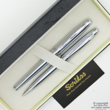 Scrikss 39 Parlak Krom Roller Kalem + Tükenmez Kalem Seti | Scrikss Oscar | İsme Özel Kalem | Hediye Kalem
