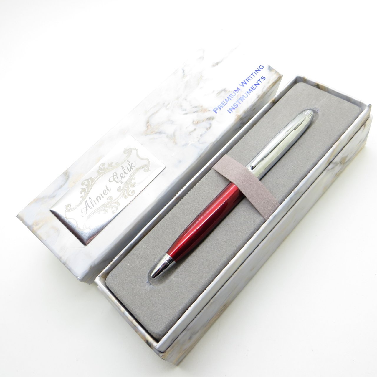 Wings Marble T531 Kırmızı Krom Desenli Tükenmez Kalem | İsme Özel Kalem | Hediyelik Kalem