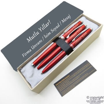 Scrikss İsme Özel Kalem Seti - Kırmızı Krom Roller Kalem + Tükenmez + Versatil Set