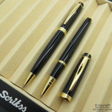 Scrikss 38 Siyah Altın Roller Kalem + Tükenmez Kalem Set | Scrikss Oscar | İsme Özel Kalem | Hediye Kalem