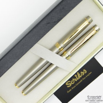 Scrikss 38 Saten Altın Dolma Kalem + Roller Kalem Seti | Scrikss Oscar | İsme Özel Kalem | Hediye Kalem