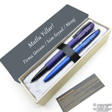 Scrikss İsme Özel Kalem Seti - Mavi Lacivert Krom Roller Kalem + Tükenmez Set