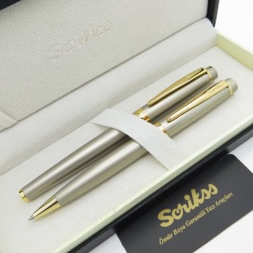 Scrikss 38 Saten Altın Roller Kalem + Tükenmez Kalem Seti | Scrikss Oscar | İsme Özel Kalem | Hediye Kalem