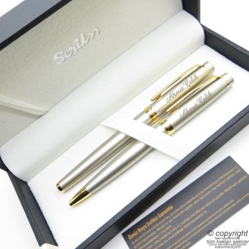 Scrikss 38 Saten Altın Roller Kalem + Tükenmez Kalem Seti | Scrikss Oscar | İsme Özel Kalem | Hediye Kalem