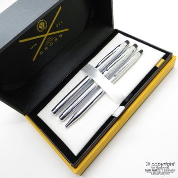 Cross 3'lü Kalem Seti - Century Parlak Krom Dolma + Roller + Tükenmez Kalem Seti | Cross Kalem | İsme Özel Kalem