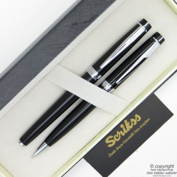 Scrikss 38 Siyah Krom Roller Kalem + Tükenmez Kalem Seti | Scrikss Oscar | İsme Özel Kalem | Hediye Kalem