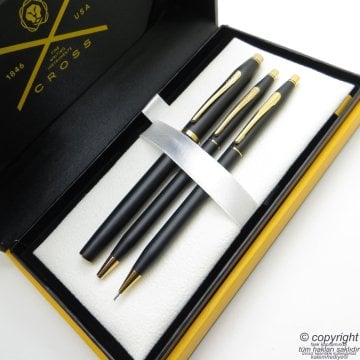 Cross 3'lü Kalem Seti - Klasik Century Mat Siyah Altın Dolma + Tükenmez + Versatil Kalem Seti | Cross Kalem | İsme Özel Kalem