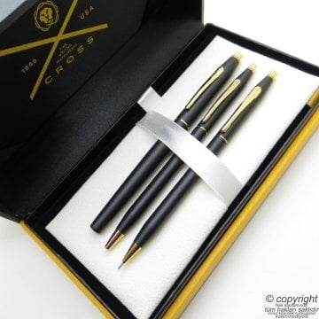 Cross 3'lü Kalem Seti - Klasik Century Slim Mat Siyah Altın Roller + Tükenmez + Versatil Kalem Seti | Cross Kalem | İsme Özel Kalem