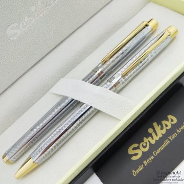 Scrikss 722W Gold Krom Roller Kalem + Tükenmez Kalem Seti | Scrikss Oscar | İsme Özel Kalem | Hediye Kalem
