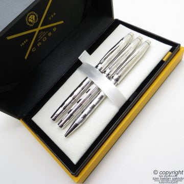 Cross 3'lü Kalem Seti - Art Deco Platinum Dolma Kalem + Roller Kalem + Tükenmez Kalem Set | Cross Kalem | İsme Özel Kalem